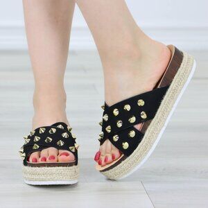 Black Platform Espadrille Sandals Crossover Gold Metal Stud Slip On Sliders